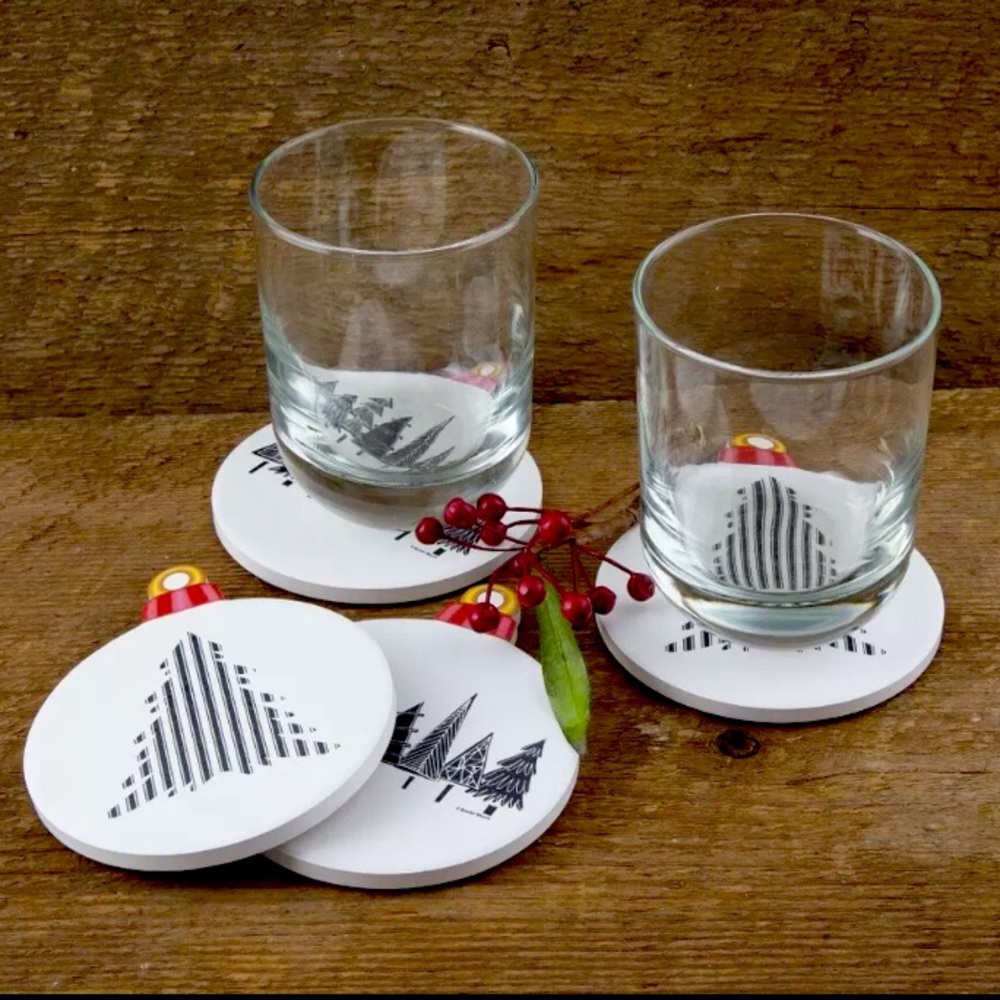 Holiday Time Black & White Winter Christmas Tree Ornament Coasters Set of 4